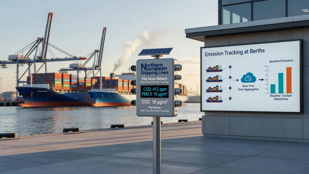 Technicians reviewing real-time emission dashboards at a Baltic Sea port control center