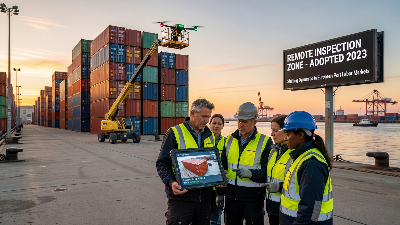Technician reviewing remote hull inspection data on multiple screens at a port control center