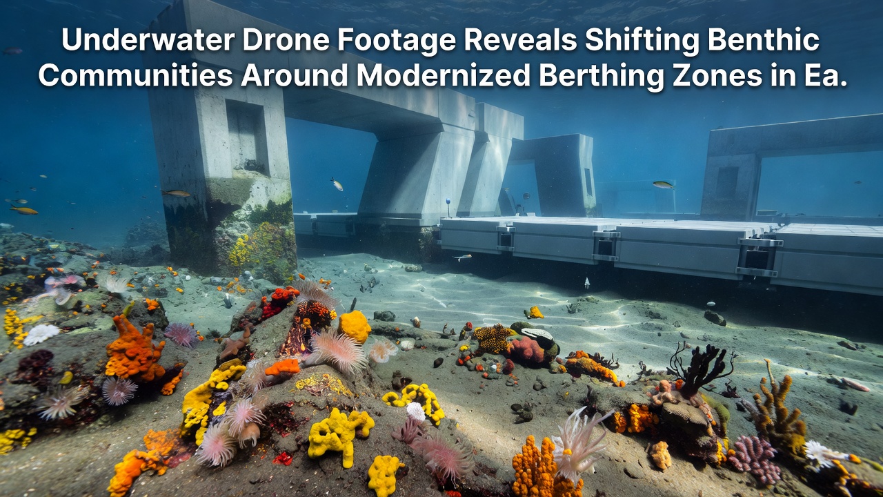 Detailed benthic community view from drone footage in modernized Baltic harbor